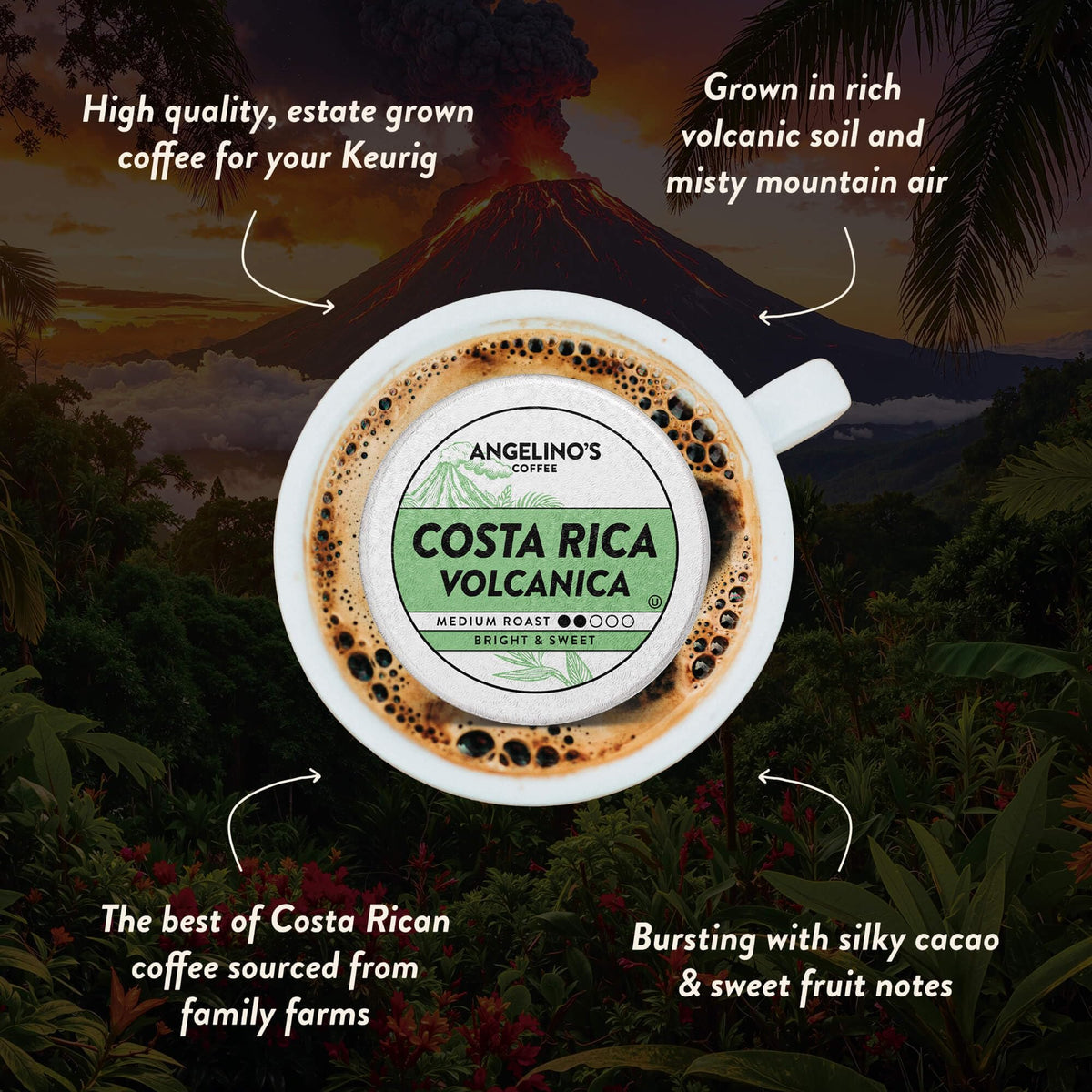 Packaging close-up of Angelino's Tarrazu volcanica pod shows freshness.