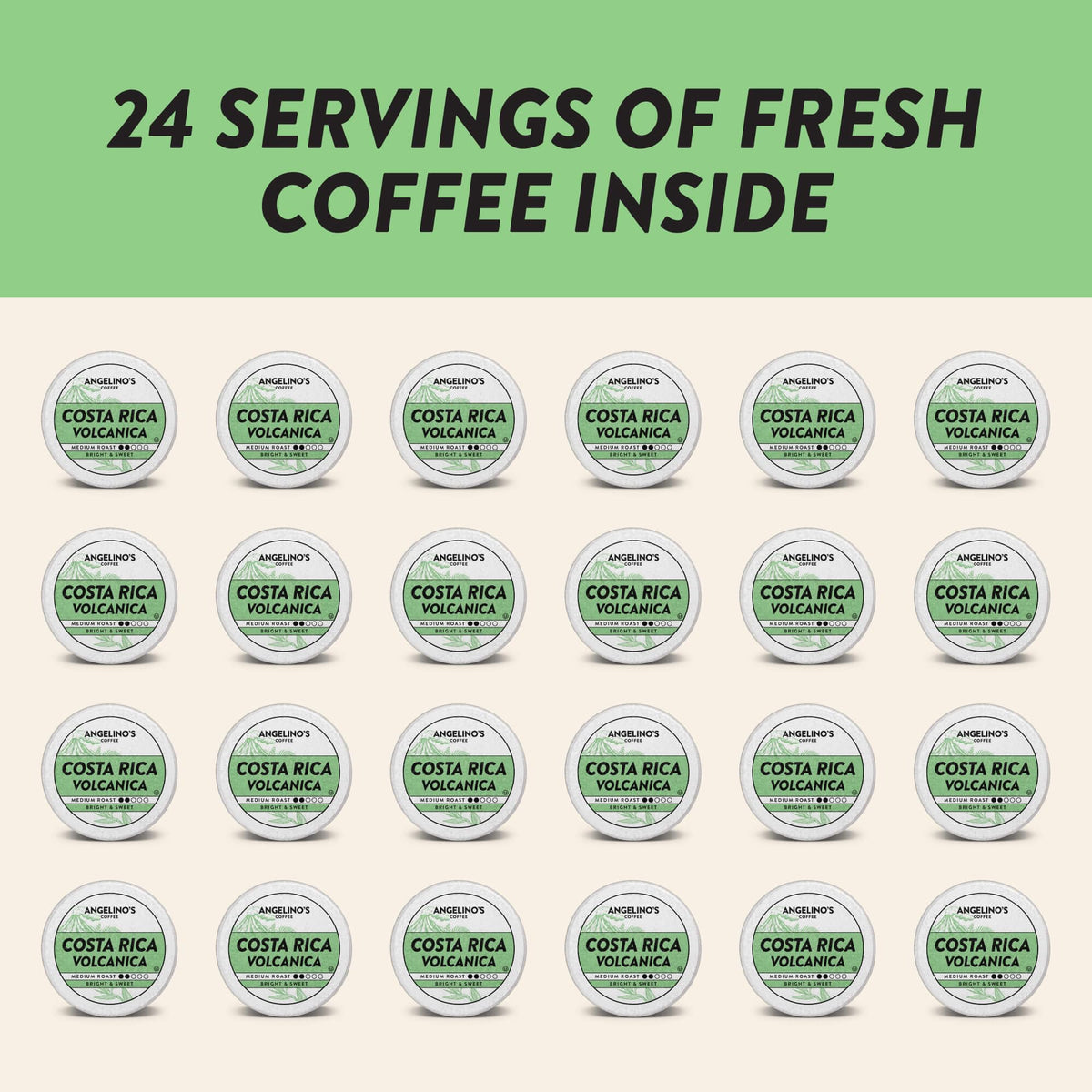 Stacked Tarrazu pods from Angelino's Coffee ready for daily use.