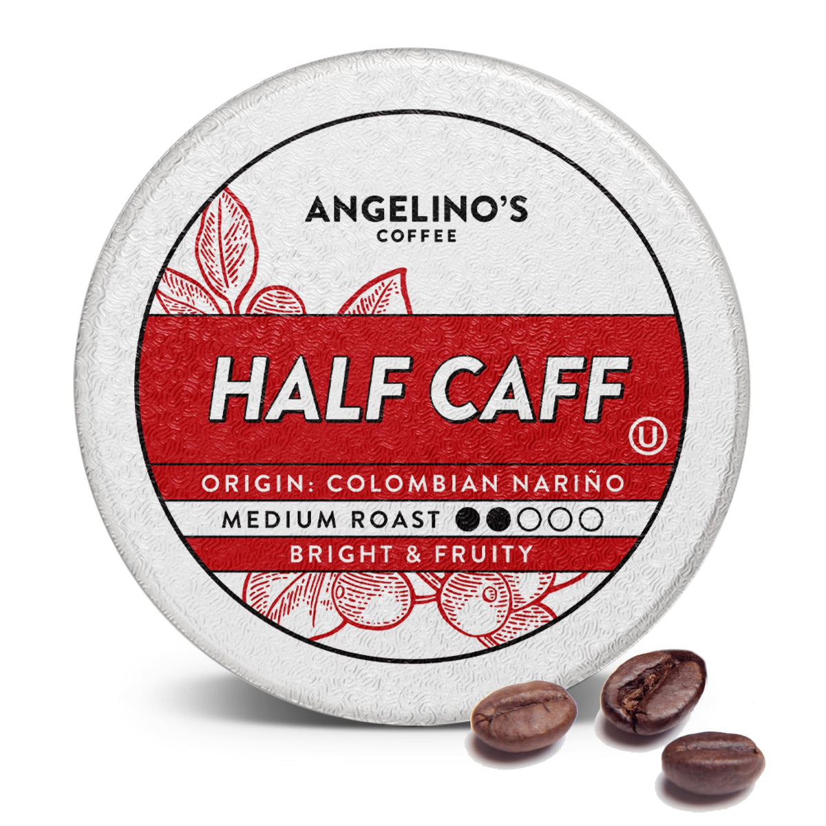 Angelino's Half Caff coffee pods pack, recyclable capsules for fast Keurig brewing.