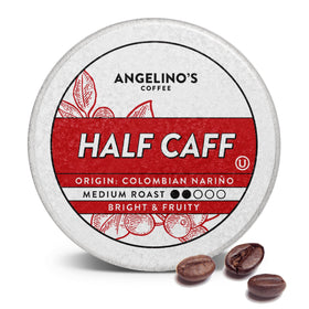 Angelino's Half Caff coffee pods pack, recyclable capsules for fast Keurig brewing.