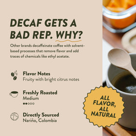 Angelino's Half Caff pod close-up, Swiss Water Process preserves rich flavor with less caffeine.