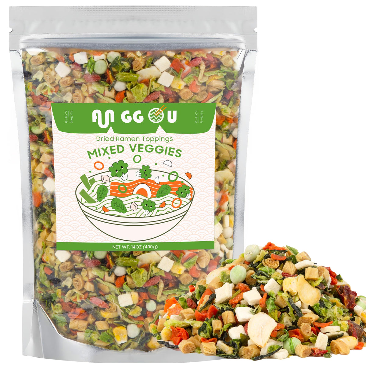 Anggou Classic Ramen Toppings Vegetable Mix in a 14oz bag, ideal for quick, flavorful meals.