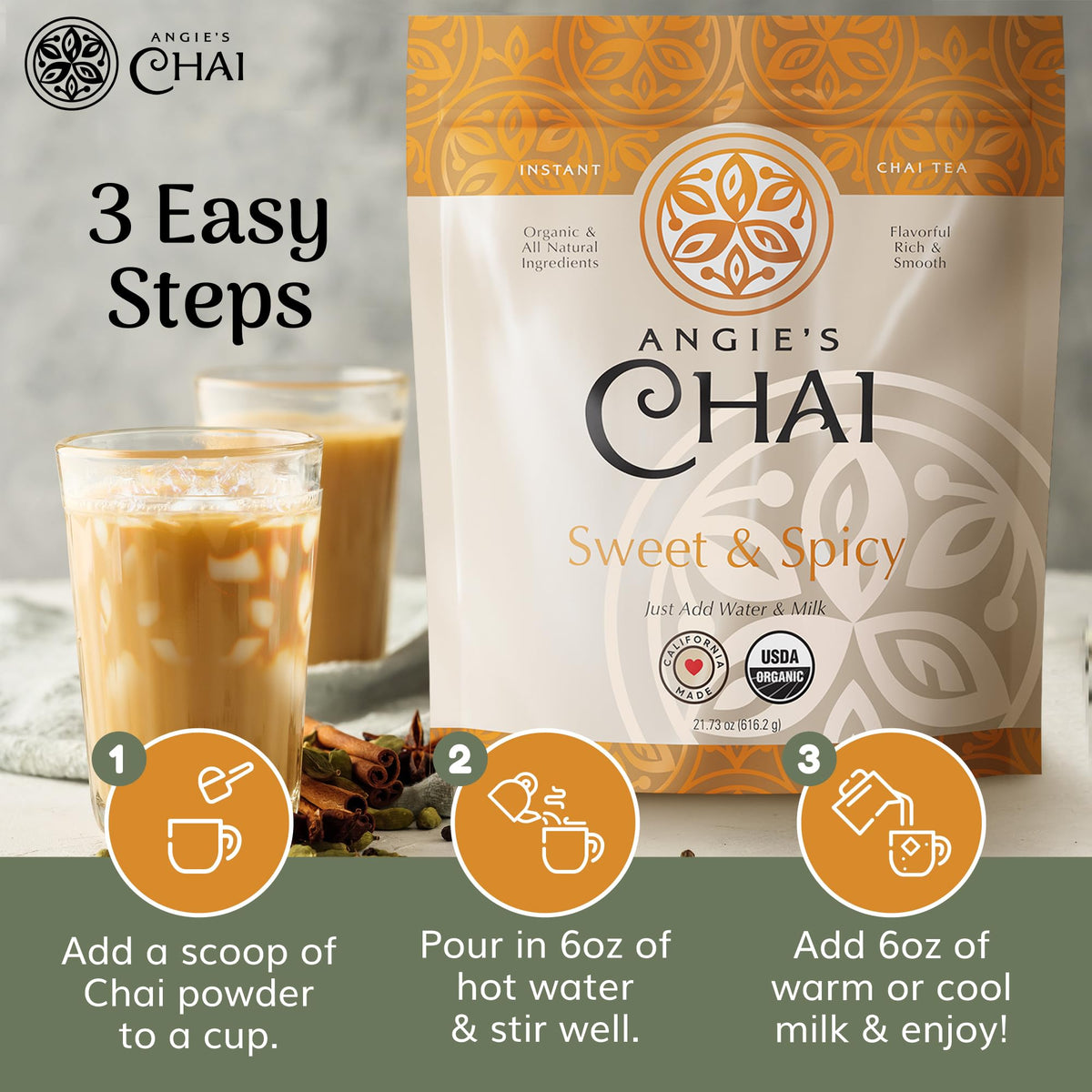 Angie's Chai eco-friendly sourcing label emphasizes sustainable farming.