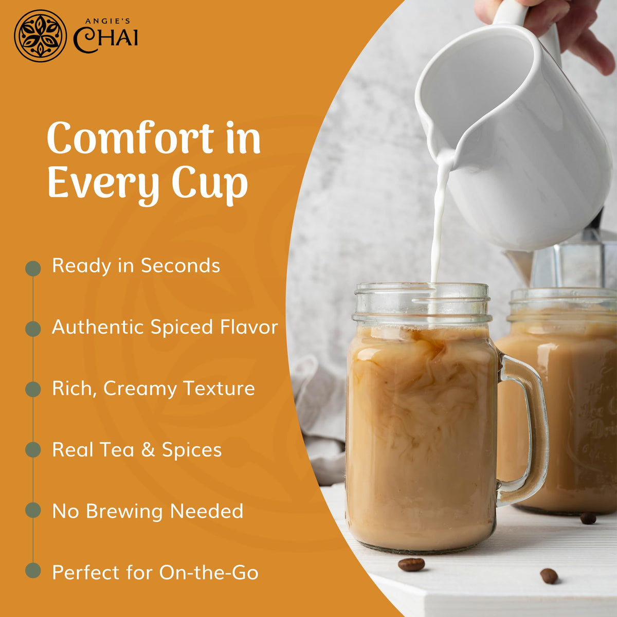 Angie's Chai no-milk powder mix for customizable dairy-free lattes.