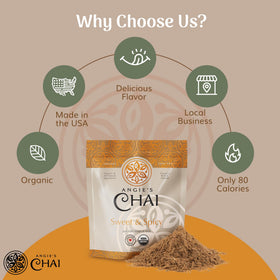 Angie's Chai organic powder in a bowl highlights whole ingredients.