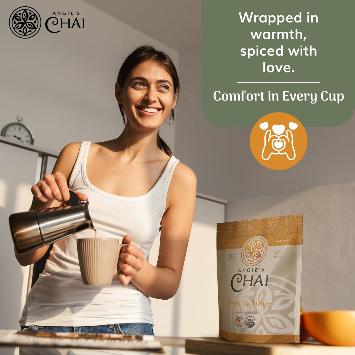 Angie's Chai quick-dissolve formula ready in minutes.
