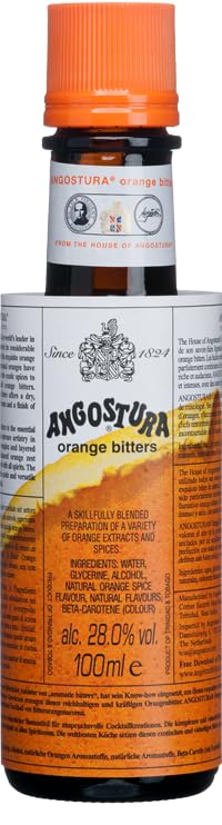 Angostura Aromatic Bitters bottle label close-up shows herbal spice blend.