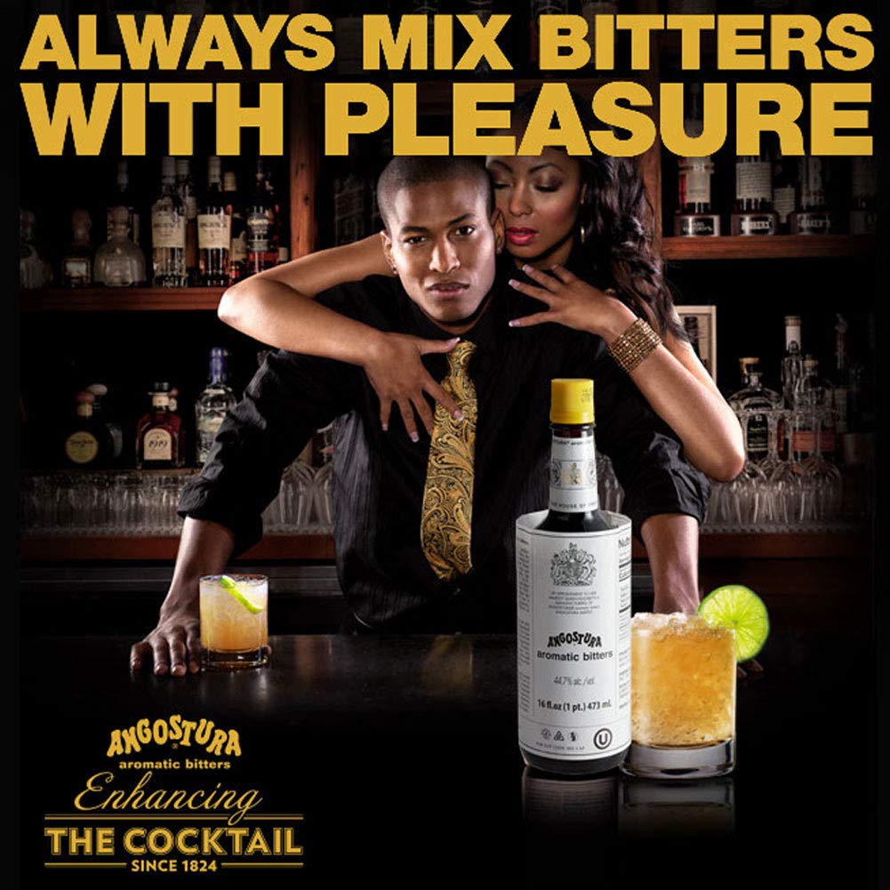 ANGOSTURA Aromatic Bitters back label info shares usage hints.
