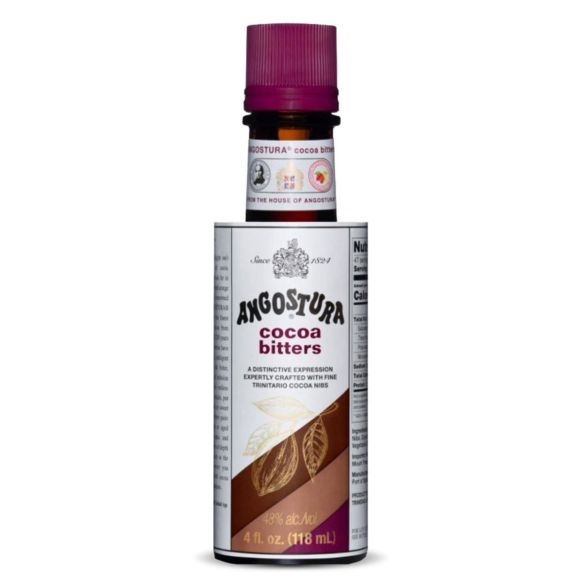 ANGOSTURA Cocoa Bitters bottle on a bar shelf adds cocoa depth to cocktails.