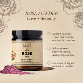 Anima Mundi rose petal powder closeup reveals edible petals and fragrant aroma ideal for tea