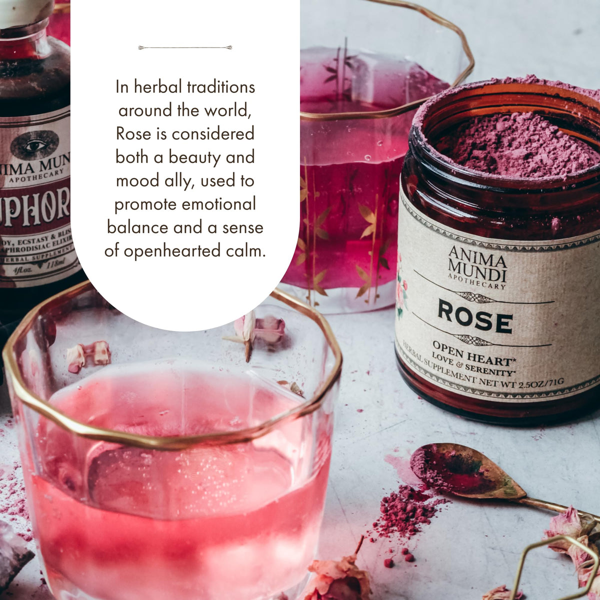 Anima Mundi rose petal powder texture highlights fluffy bloom suited for beverages and desserts