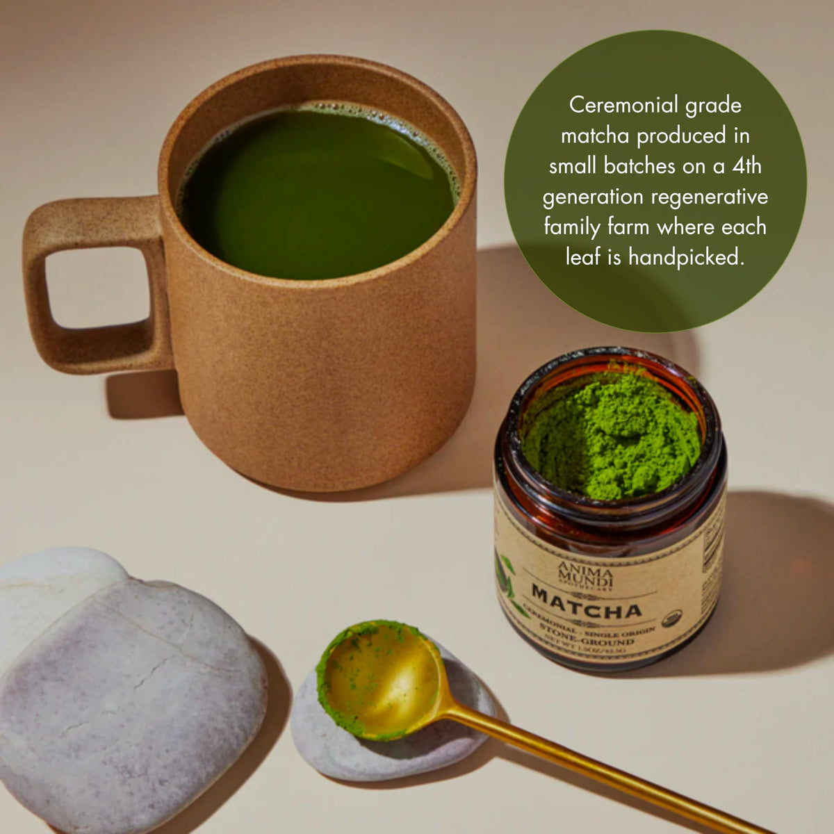 Anima Mundi Matcha hand-picked leaves highlight careful harvest and premium flavor.