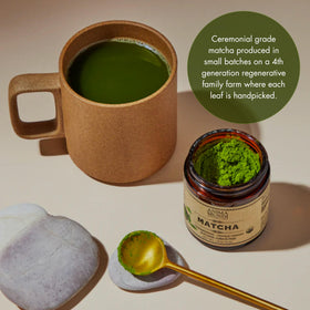 Anima Mundi Matcha hand-picked leaves highlight careful harvest and premium flavor.