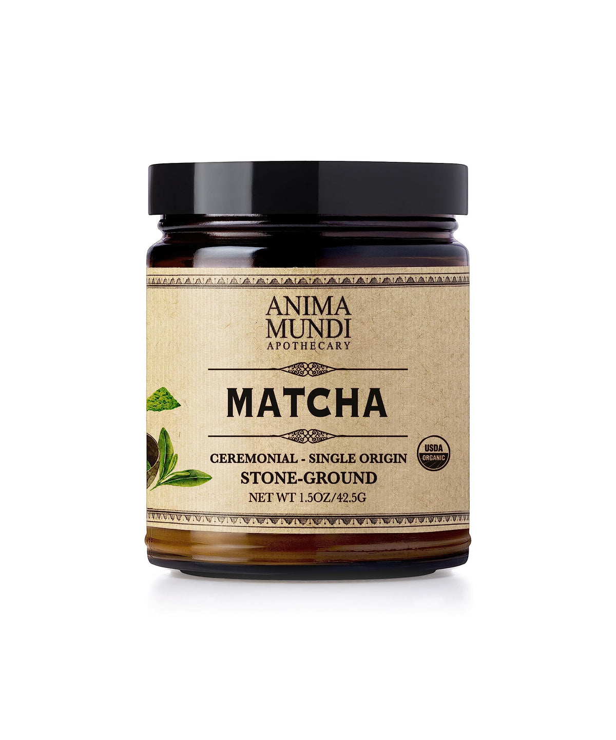 Anima Mundi Matcha ceremonial-grade jar with vibrant powder for ritual tea.