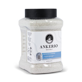 Ankerio Gray Sea Salt jar close-up showing fine grains for precise seasoning.