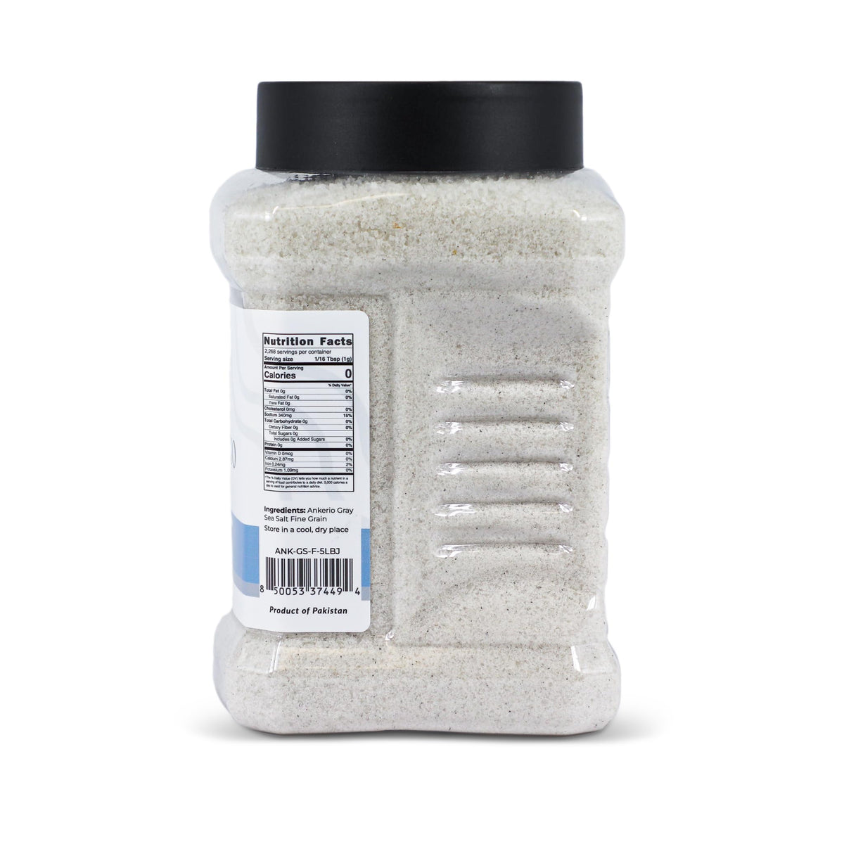 Ankerio Gray Sea Salt jar front view highlighting kosher certification and premium quality.