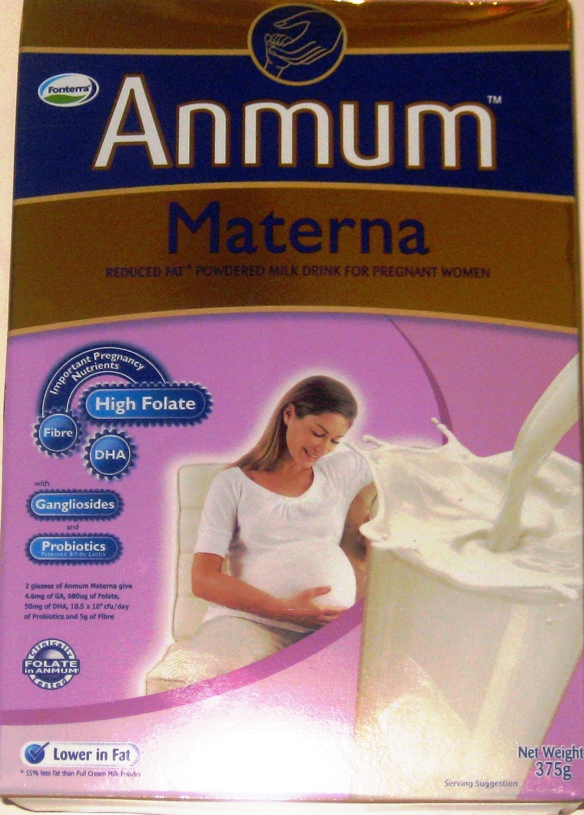 Anmum Materna plain reduced-fat milk powder can for daily pregnancy nutrition.