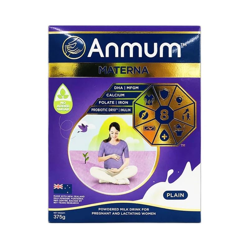 Anmum Materna powder tub with scoop highlighting pregnancy nutrition support.