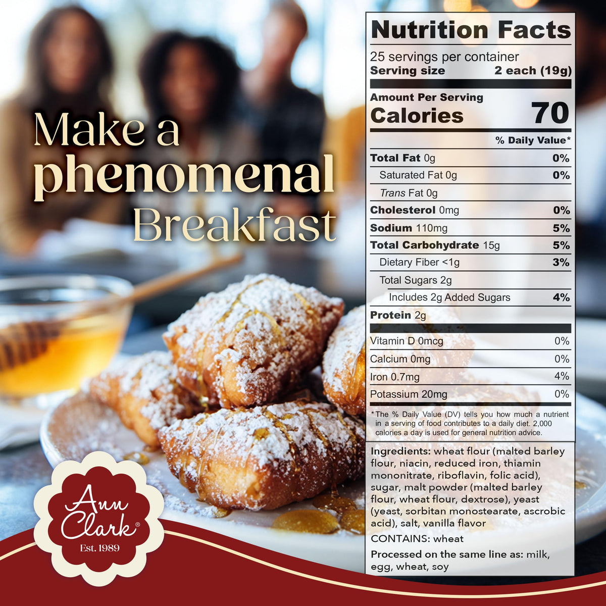 Ann Clark Beignet Mix ingredients display for artisanal quality.