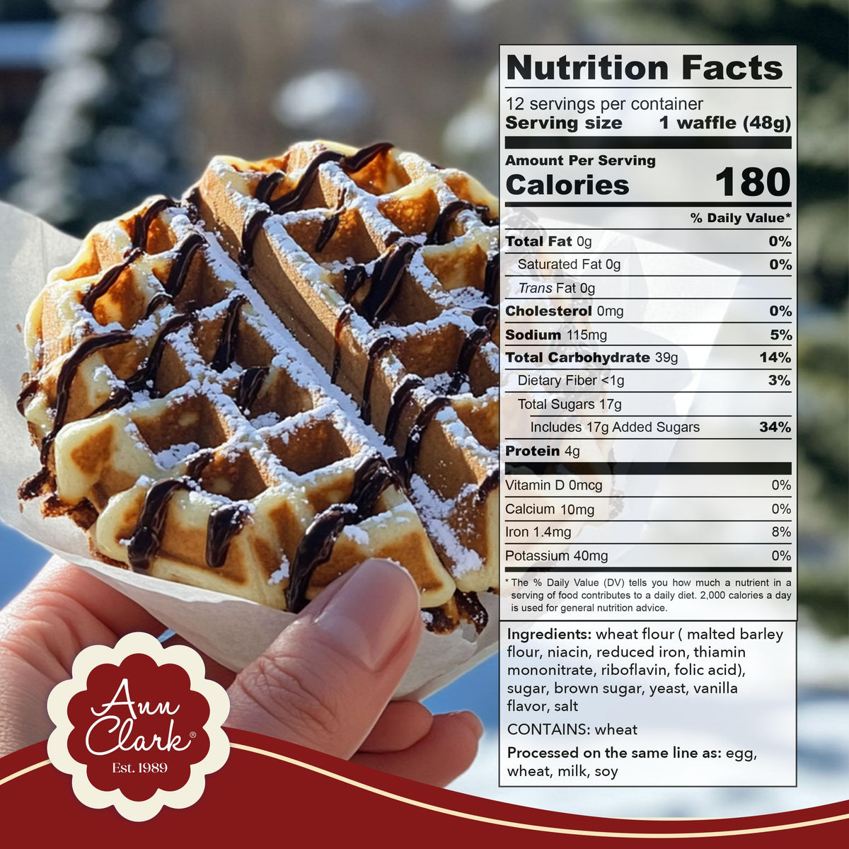 Ann Clark Belgian Liege Waffle Mix highlighting authentic pearl sugar for premium baking results.