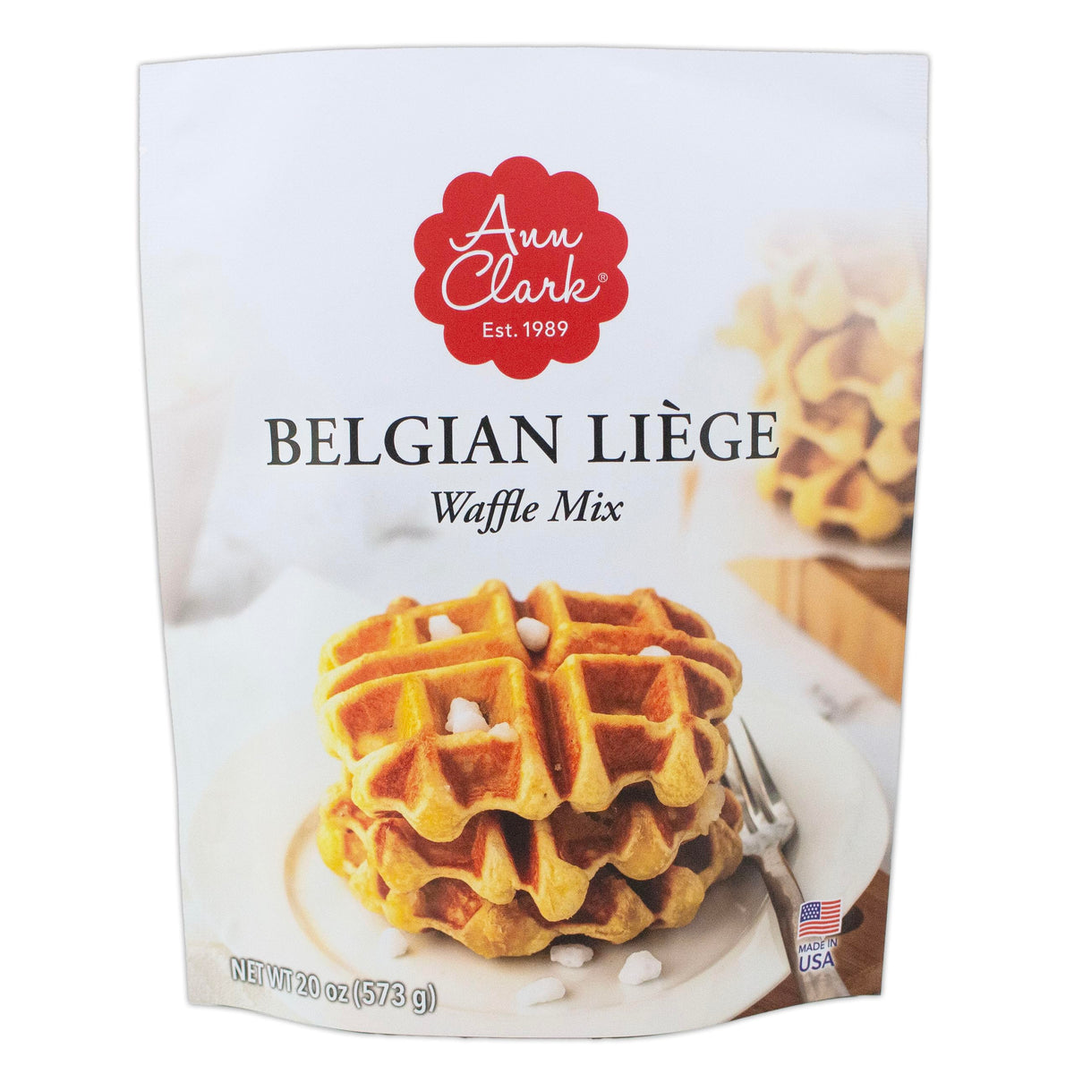 Ann Clark Belgian Liege Waffle Mix packaging with authentic pearl sugar for chef-quality flavor.