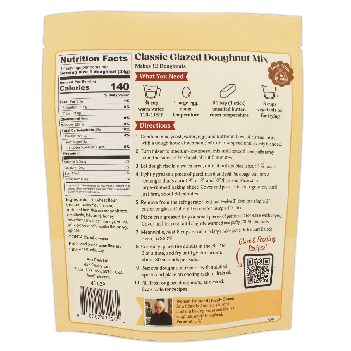 Ann Clark Doughnut Mix ingredients closeup emphasizes artisanal flour and sugar.