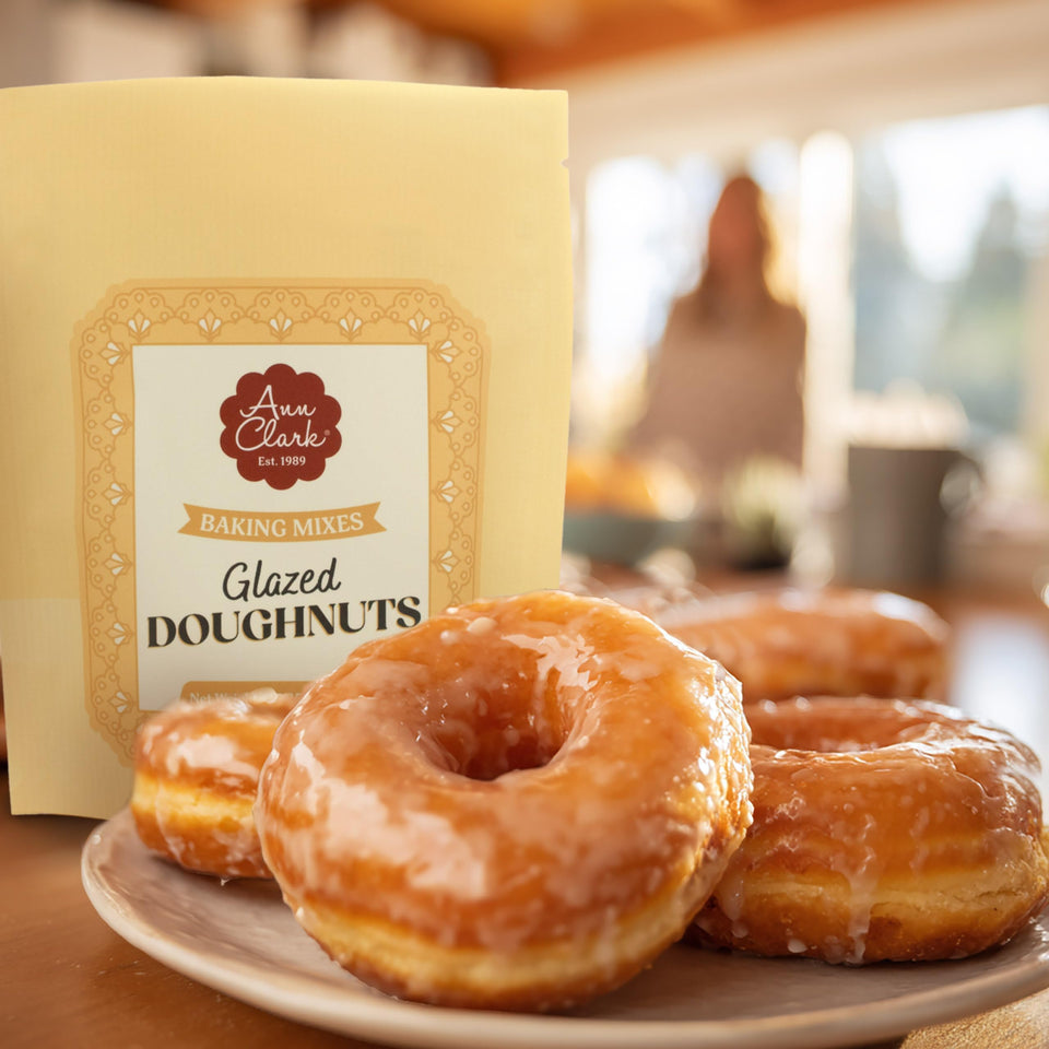 Ann Clark Glazed Doughnut Mix packaging shown for easy home bakery.