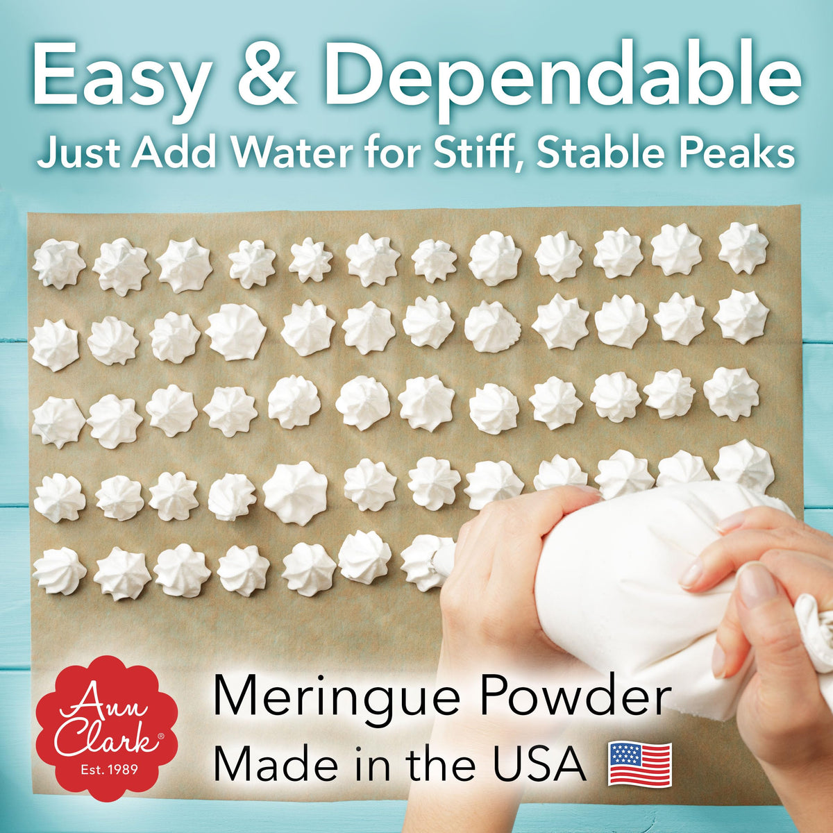 Ann Clark Meringue Powder whipped peaks create light, airy texture for desserts