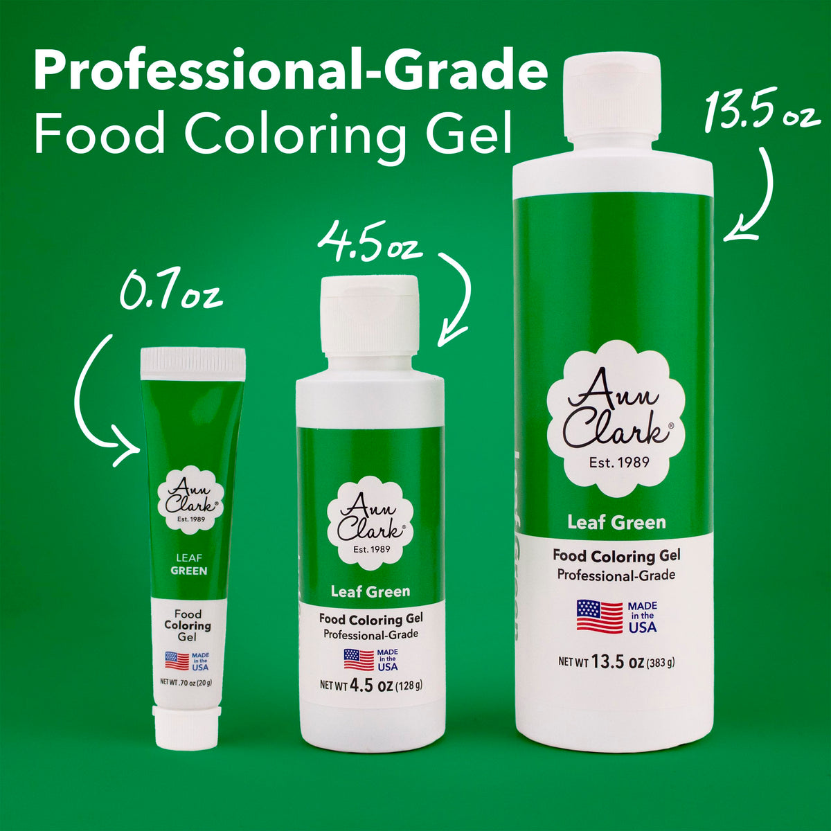 Ann Clark professional-grade leaf green gel for precise drop-by-drop coloring.