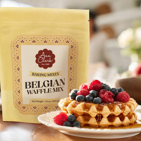 Ann Clark Gourmet Belgian Waffle Mix being poured for fluffy waffles.