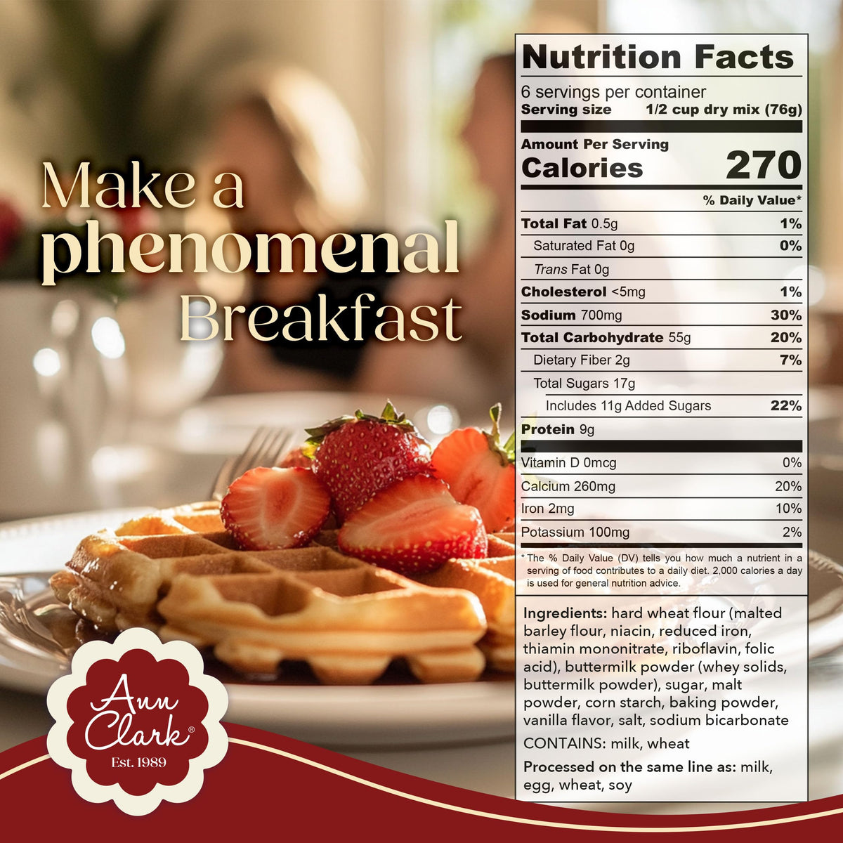 Ann Clark Gourmet Belgian Waffle Mix in a bowl ready to mix for an easy breakfast.