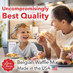 Ann Clark Belgian Waffle Mix in resealable pouch keeps freshness.