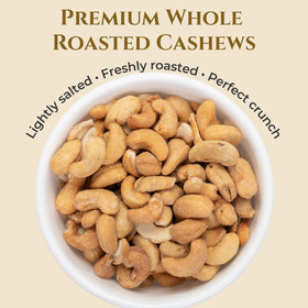 Close-up of Anna and Sarah roasted salted cashews with rich golden color for snacking.