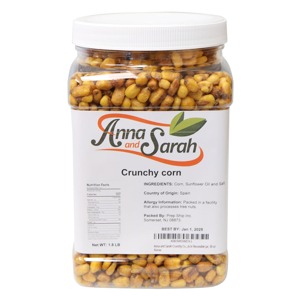 Anna and Sarah Crunchy corn nuts jar front view with reusable packaging for freshness.