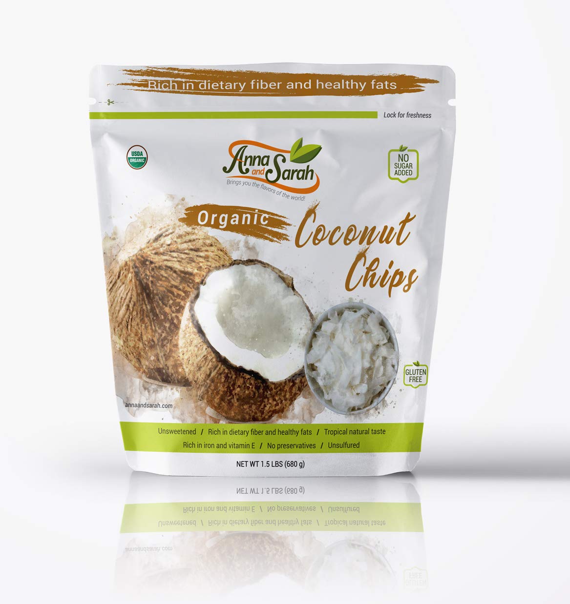 Closeup of Anna and Sarah coconut chips, crisp texture and fiber-rich bite.