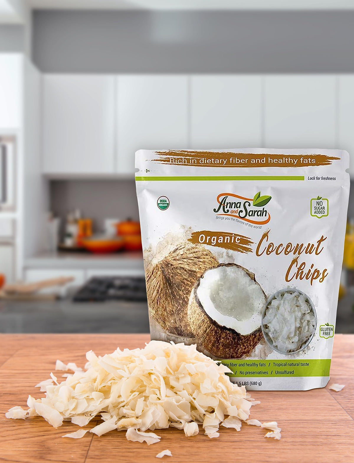 Nutrition panel on Anna and Sarah coconut chips highlights fiber and minerals.