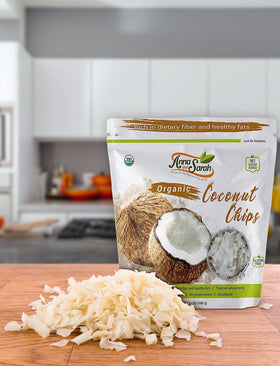 Nutrition panel on Anna and Sarah coconut chips highlights fiber and minerals.