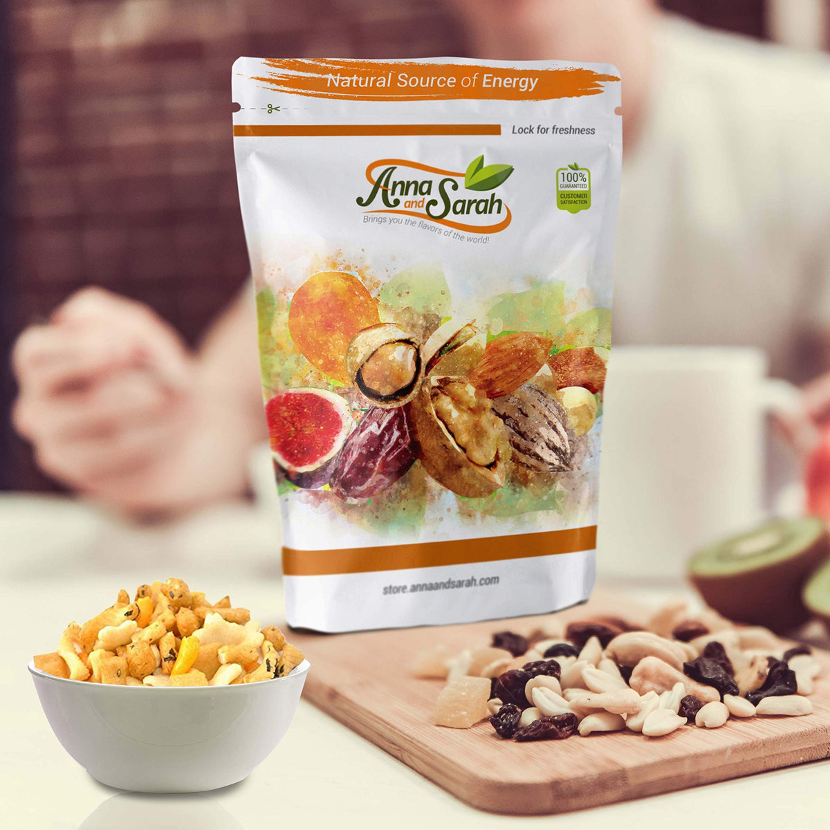 Anna and Sarah Oriental Rice Crackers bag beside tea—great for quick mindful snacking.