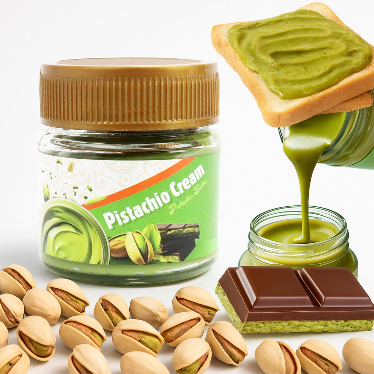 Dessert drizzle of Anna and Sarah pistachio butter for rich flavor accents.