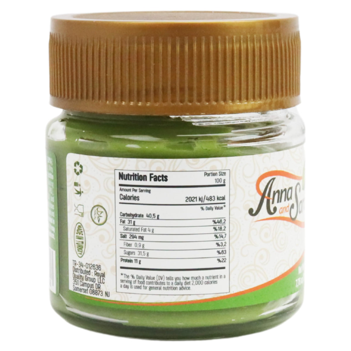 Gift-ready packaging of Anna and Sarah pistachio butter in glass jars.