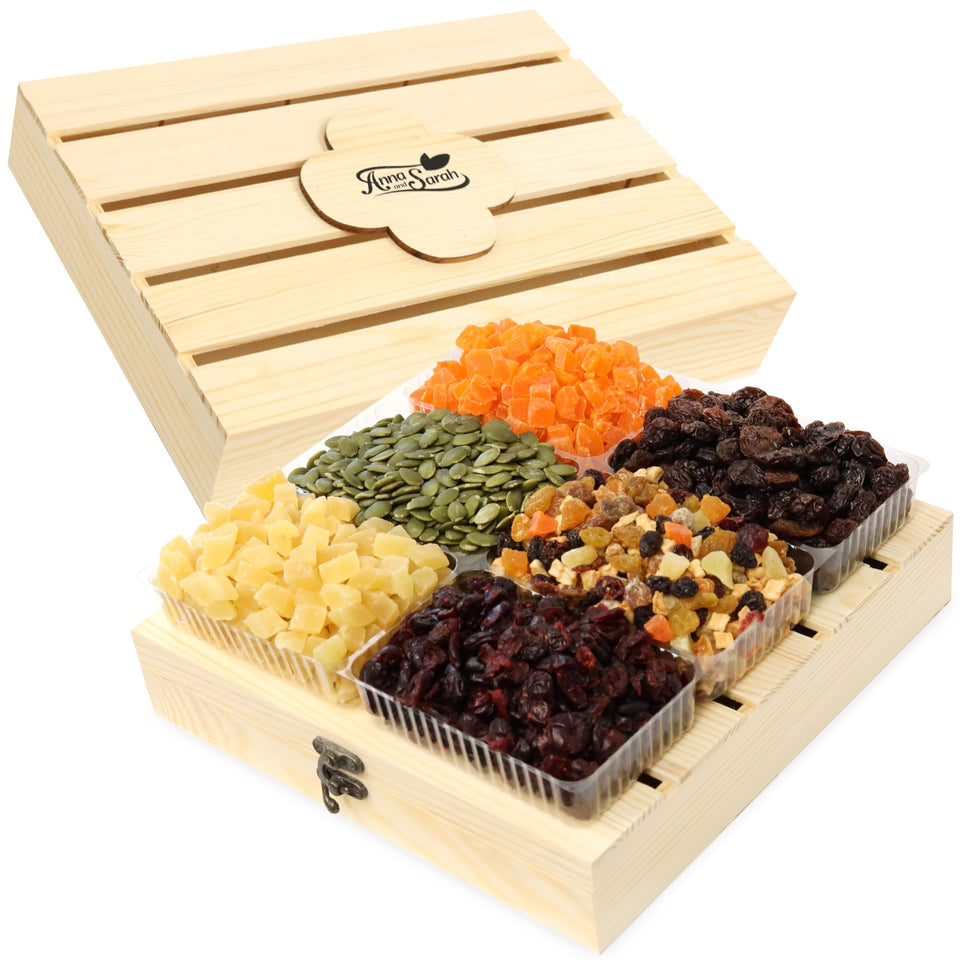 Anna and Sarah premium trail mix in a wooden gift basket, ideal for holiday snacking and gifting.