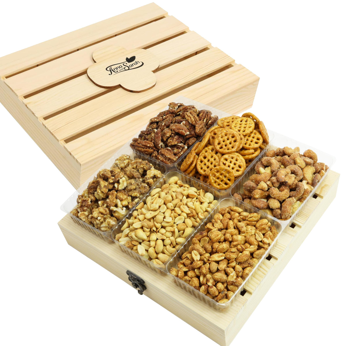 Anna and Sarah wooden gift tray with six compartments for elegant presentation.