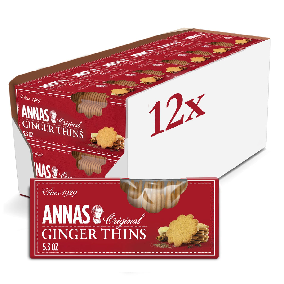 Annas Thins Ginger Pepparkakor 12-box display for gifting and sharing.
