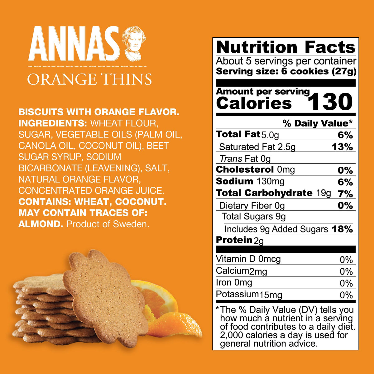 Annas Thins Orange Pepparkakor vegan non-GMO badge on packaging
