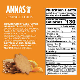 Annas Thins Orange Pepparkakor vegan non-GMO badge on packaging