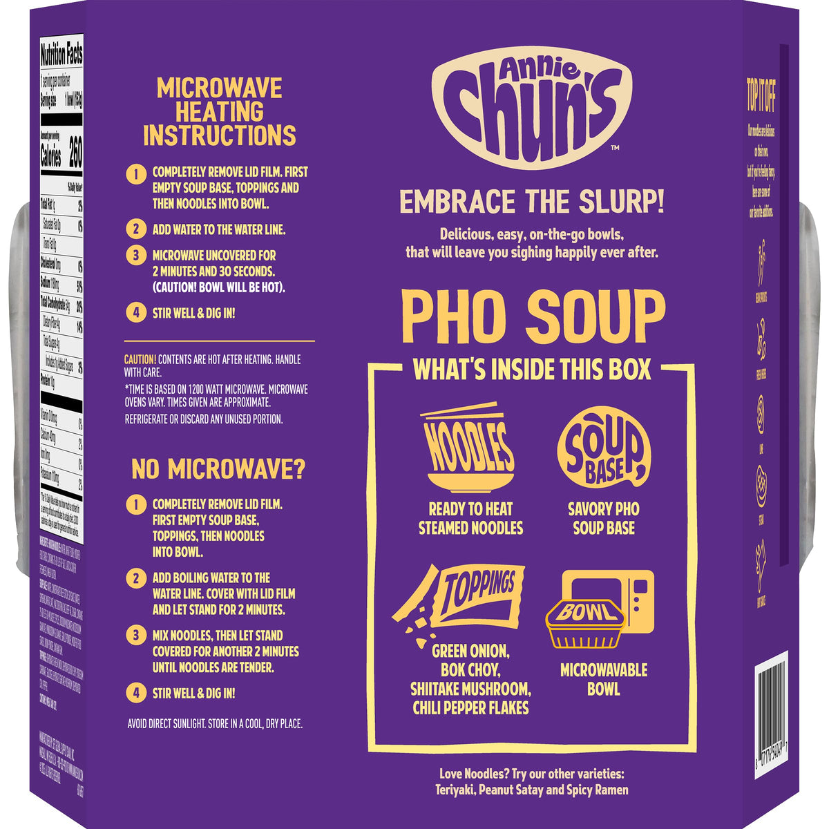 Annie Chun's Pho Soup Bowl beef-broth delivers rich aroma in minutes.