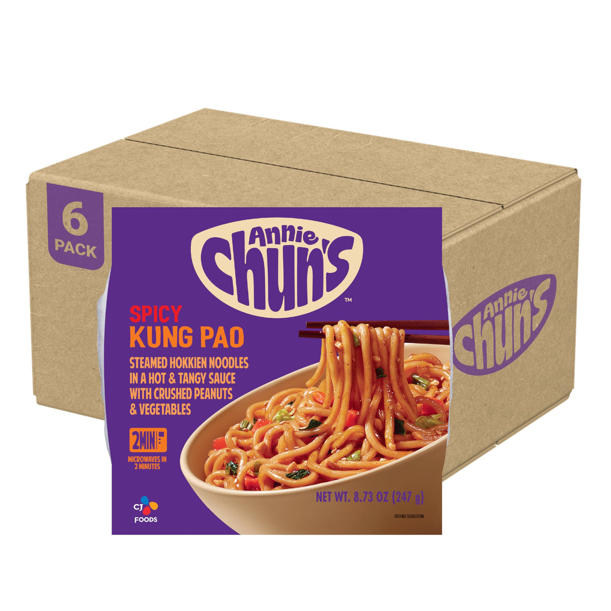 Annie Chun's Spicy Kung Pao Noodle Bowl packaging ready for quick meals.