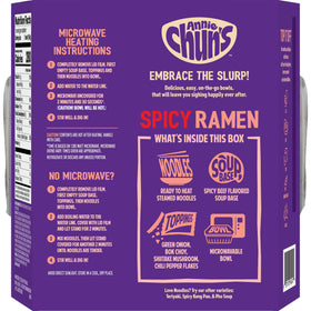 Annie Chun's Spicy Ramen Bowl ingredients spread showing greens and mushrooms