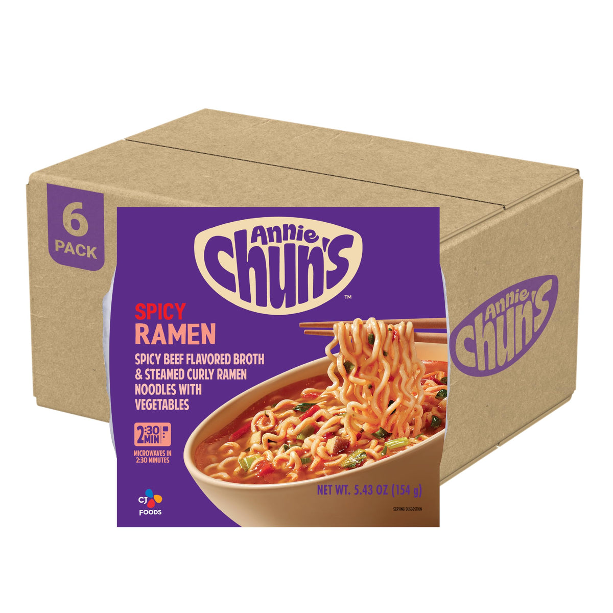 Annie Chun's Spicy Ramen Bowl six-pack front view for quick meals