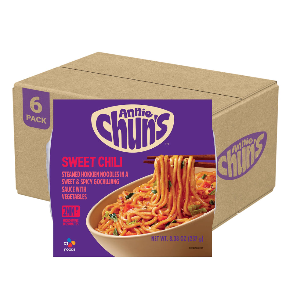 Annie Chun's Sweet Chili Noodle Bowl ready meal with noodles and veggies for quick lunch.